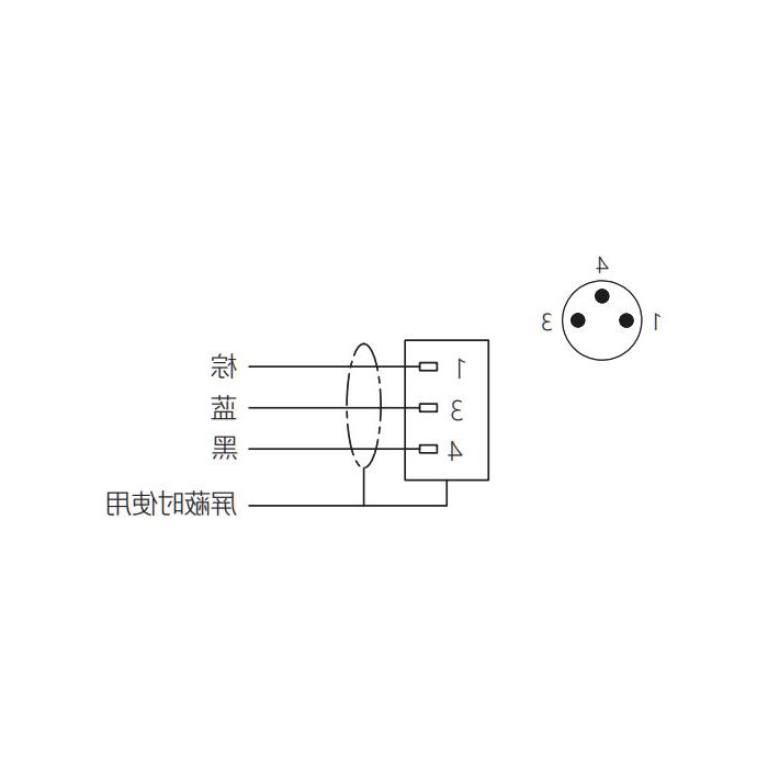 M8 3Pin、公头90°、单端预铸PUR柔性电缆、黑色护套、63S201-XXX