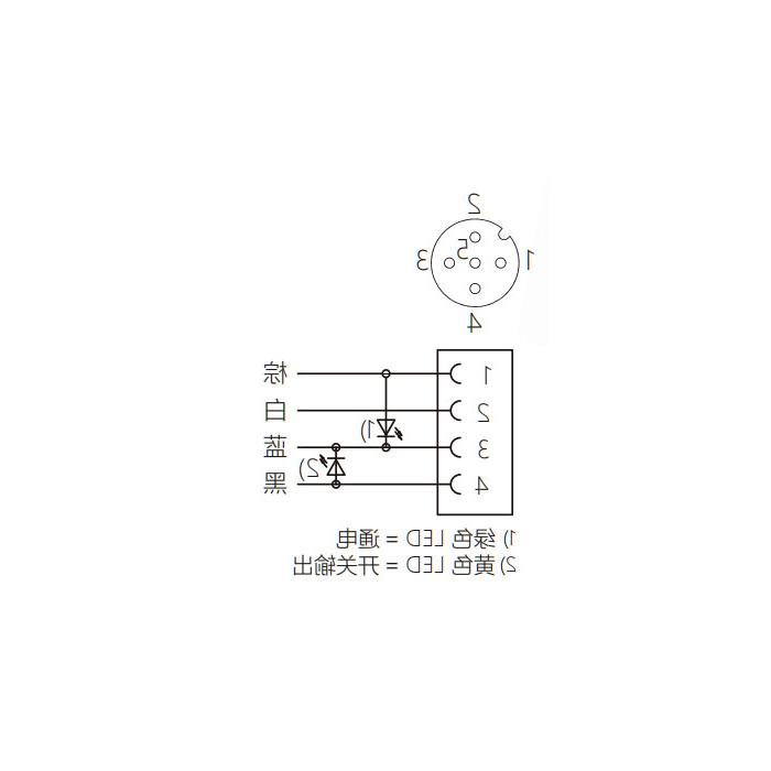 M12 4Pin 母头90°、带LED灯、IP 69K-ECOLAB、食品级、单端预铸PUR柔性电缆、黑色护套、64E061-XXX